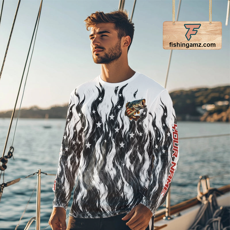 Black Camo American Flag Bass Fishing Shirts Long Sleeve, Patriotic Fishing Shirt NBT456