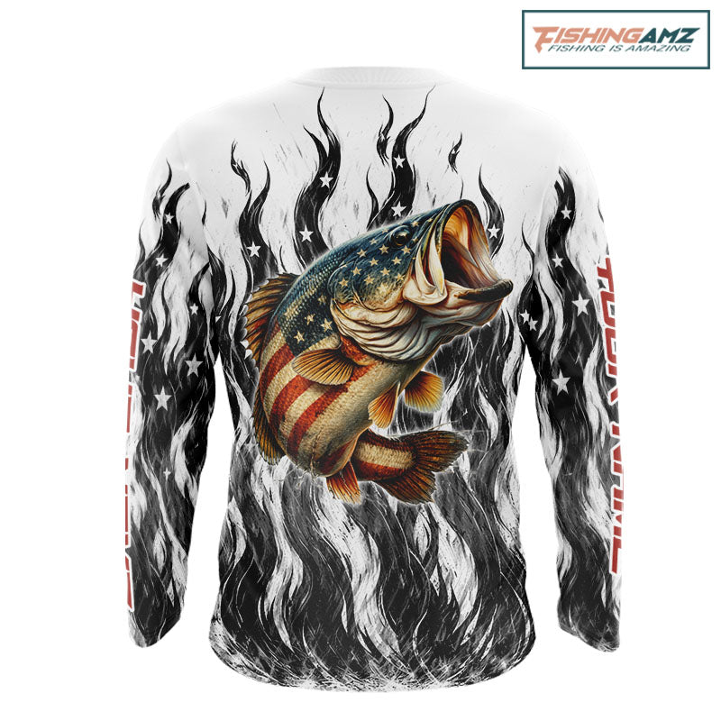Black Camo American Flag Bass Fishing Shirts Long Sleeve, Patriotic Fishing Shirt NBT456