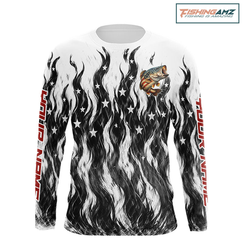 Black Camo American Flag Bass Fishing Shirts Long Sleeve, Patriotic Fishing Shirt NBT456