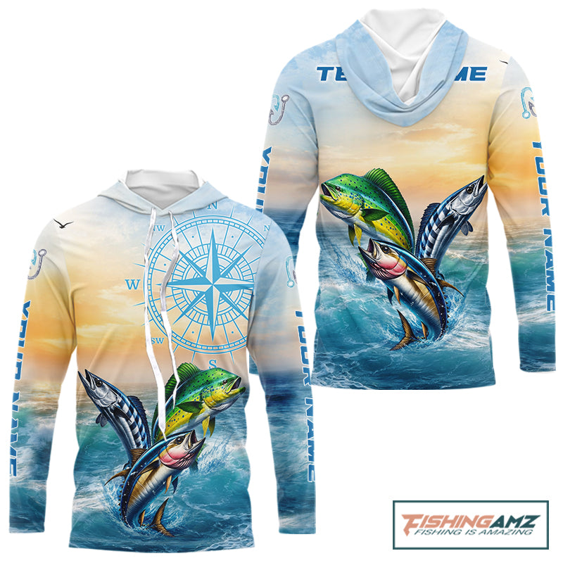 Front and back view hooded fishing shirt mahi mahi wahoo tuna blue - custom name on sleeves personalized