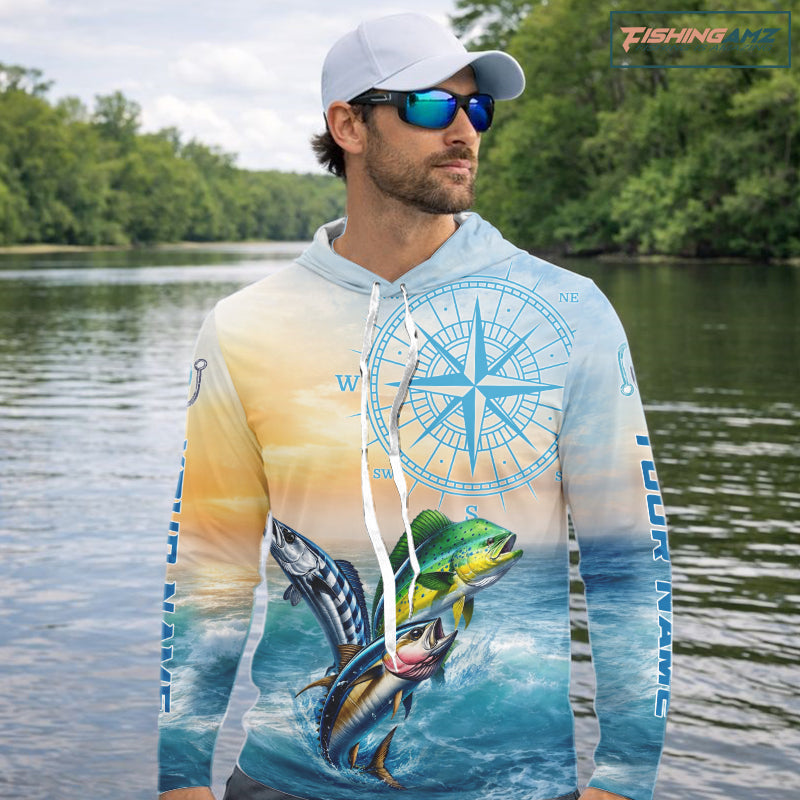 Angler wearing hooded fishing shirt mahi mahi tuna on boat - custom name left sleeve offshore fishing