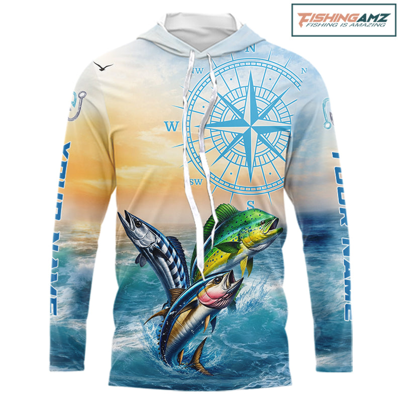 Hooded fishing shirt blue mahi mahi wahoo tuna sunset design - front view offshore tournament