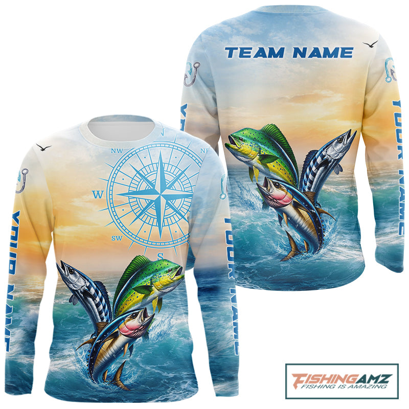 Front and back view fishing shirt mahi mahi wahoo tuna blue - custom name on sleeves personalized