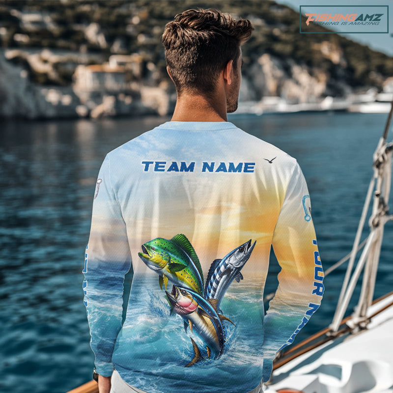 Back view fishing shirt mahi mahi wahoo tuna - custom team name offshore tournament anglers outfit
