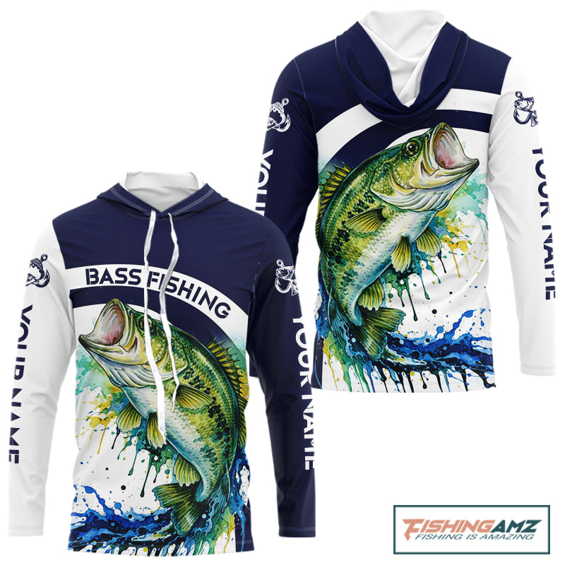 Custom Bass Fishing Shirts Long Sleeve Blue Camo Color Paint, Bass Fishing Shirts NBT461