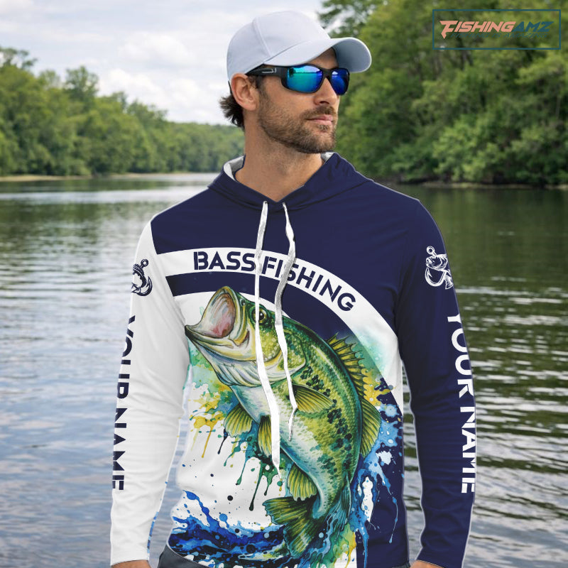 Custom Bass Fishing Shirts Long Sleeve Blue Camo Color Paint, Bass Fishing Shirts NBT461