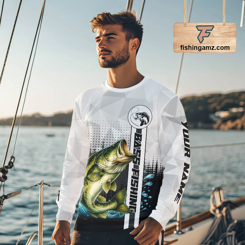 White Camo Bass Fishing Custom Name Long Sleeve Fishing Shirts With UV Protection NBT462