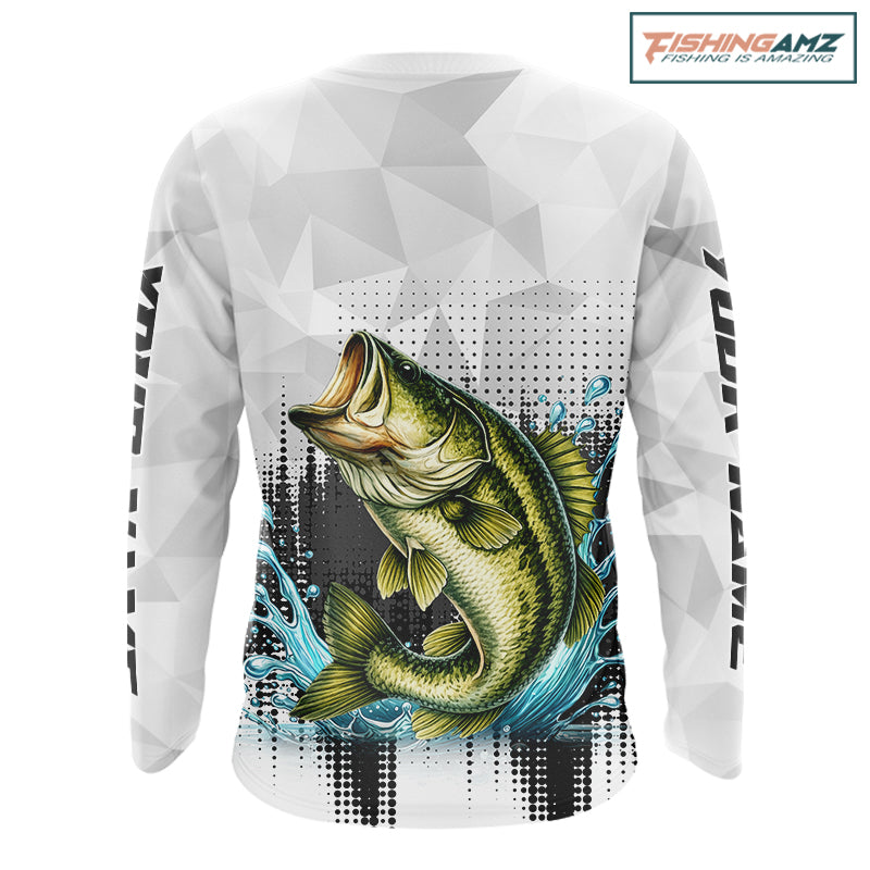 White Camo Bass Fishing Custom Name Long Sleeve Fishing Shirts With UV Protection NBT462
