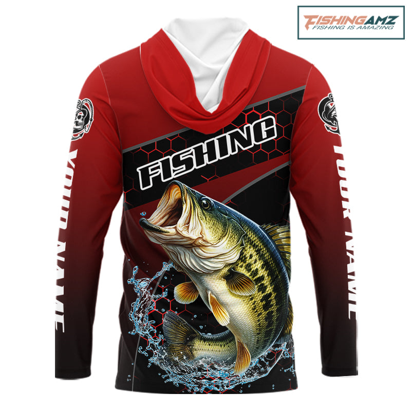 Largemouth Bass Hooded Fishing Shirts Red Camo Custom Name, Bass Fishing Shirts NBT463