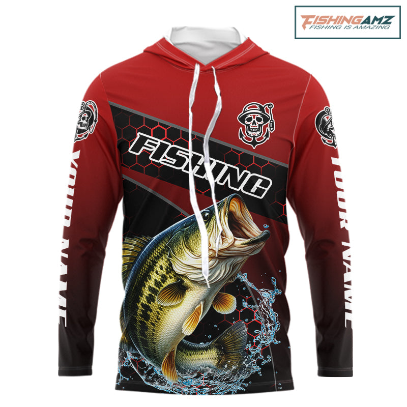 Largemouth Bass Hooded Fishing Shirts Red Camo Custom Name, Bass Fishing Shirts NBT463