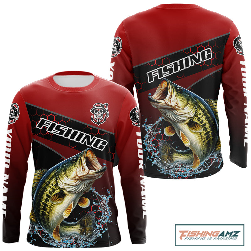 Largemouth Bass Fishing Shirts Red Camo Custom Name, Bass Fishing Shirts NBT463