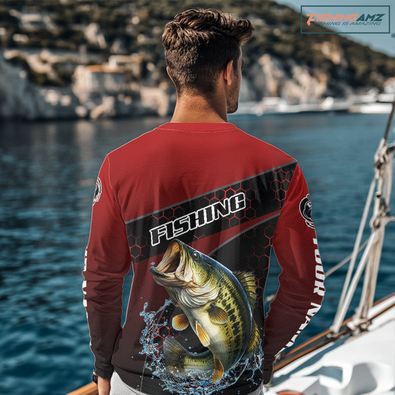 Largemouth Bass Fishing Shirts Red Camo Custom Name, Bass Fishing Shirts NBT463
