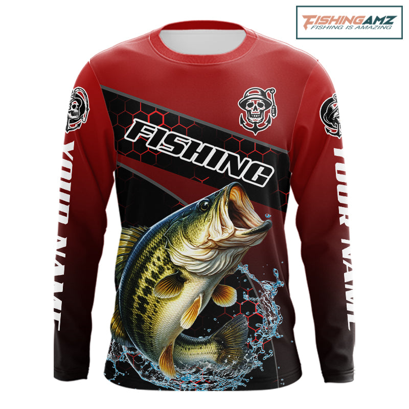 Largemouth Bass Fishing Shirts Red Camo Custom Name, Bass Fishing Shirts NBT463