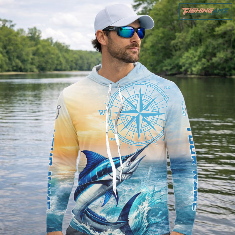 Blue Marlin Fishing Sunset Custom Fishing Long Sleeve Shirt, Marlin Compass Offshore Fishing Apparel NBT584