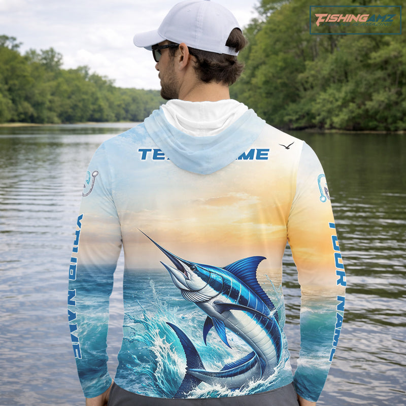 Blue Marlin Fishing Sunset Custom Fishing Long Sleeve Shirt, Marlin Compass Offshore Fishing Apparel NBT584