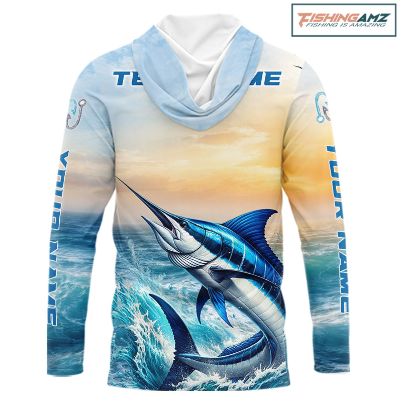 Blue Marlin Fishing Sunset Custom Fishing Long Sleeve Shirt, Marlin Compass Offshore Fishing Apparel NBT584