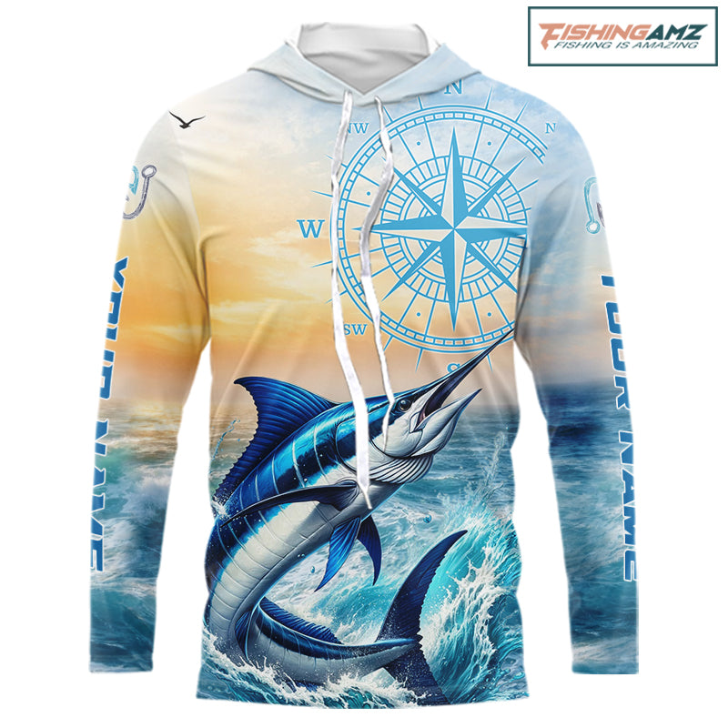 Blue Marlin Fishing Sunset Custom Fishing Long Sleeve Shirt, Marlin Compass Offshore Fishing Apparel NBT584
