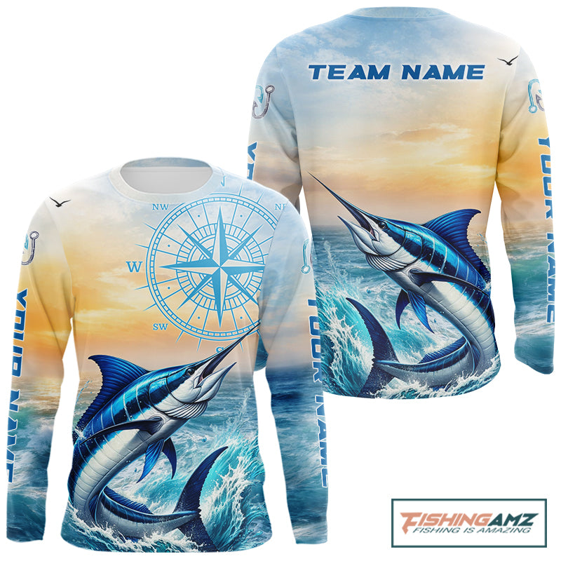 Blue Marlin Fishing Sunset Custom Fishing Long Sleeve Hooded Shirt, Marlin Compass Offshore Fishing Apparel NBT584
