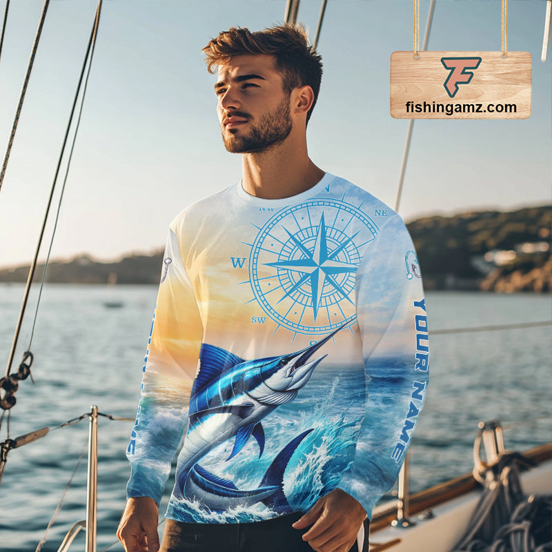 Blue Marlin Fishing Sunset Custom Fishing Long Sleeve Hooded Shirt, Marlin Compass Offshore Fishing Apparel NBT584