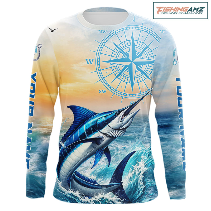 Blue Marlin Fishing Sunset Custom Fishing Long Sleeve Hooded Shirt, Marlin Compass Offshore Fishing Apparel NBT584