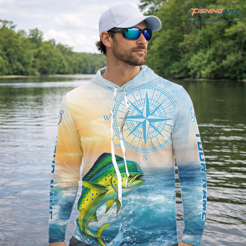 Mahi Mahi Fishing Sunset Custom Fishing Long Sleeve Shirt, Mahi Mahi Compass Offshore Fishing Apparel NBT585