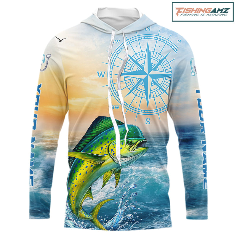Mahi Mahi Fishing Sunset Custom Fishing Long Sleeve Shirt, Mahi Mahi Compass Offshore Fishing Apparel NBT585