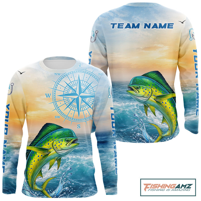 Mahi Mahi Fishing Sunset Custom Fishing Long Sleeve Hooded Shirt, Mahi Mahi Compass Offshore Fishing Apparel NBT585