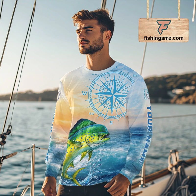Mahi Mahi Fishing Sunset Custom Fishing Long Sleeve Hooded Shirt, Mahi Mahi Compass Offshore Fishing Apparel NBT585