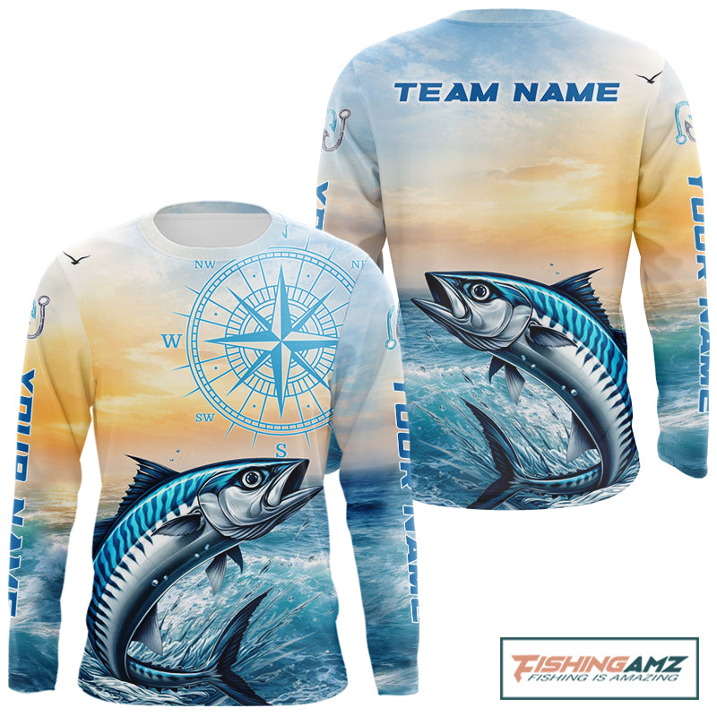 King Mackerel Fishing Sunset Custom Fishing Long Sleeve Hooded Shirt, Compass Offshore Fishing Apparel NBT586