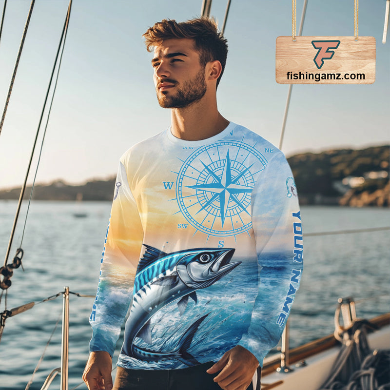 King Mackerel Fishing Sunset Custom Fishing Long Sleeve Hooded Shirt, Compass Offshore Fishing Apparel NBT586