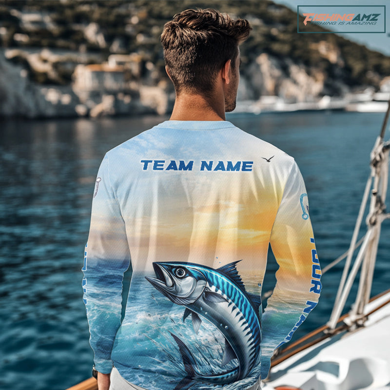 King Mackerel Fishing Sunset Custom Fishing Long Sleeve Hooded Shirt, Compass Offshore Fishing Apparel NBT586
