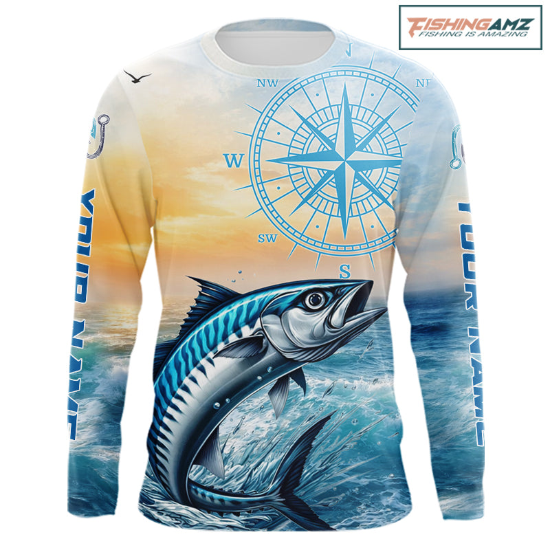 King Mackerel Fishing Sunset Custom Fishing Long Sleeve Hooded Shirt, Compass Offshore Fishing Apparel NBT586