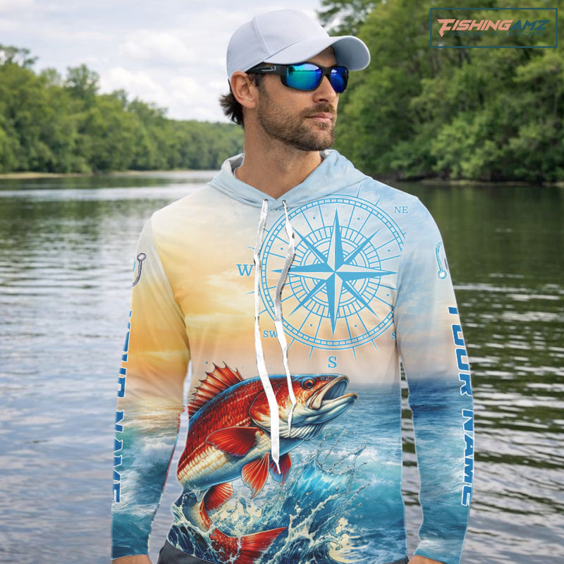 Redfish Fishing Sunset Custom Fishing Long Sleeve Shirt, Redfish Compass Offshore Fishing Apparel NBT587