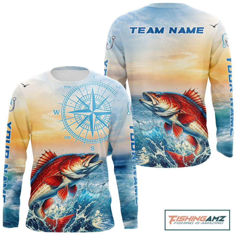 Redfish Fishing Sunset Custom Fishing Long Sleeve Hooded Shirt, Redfish Compass Offshore Fishing Apparel NBT587