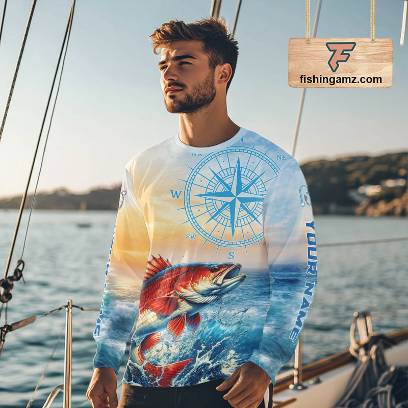 Redfish Fishing Sunset Custom Fishing Long Sleeve Hooded Shirt, Redfish Compass Offshore Fishing Apparel NBT587
