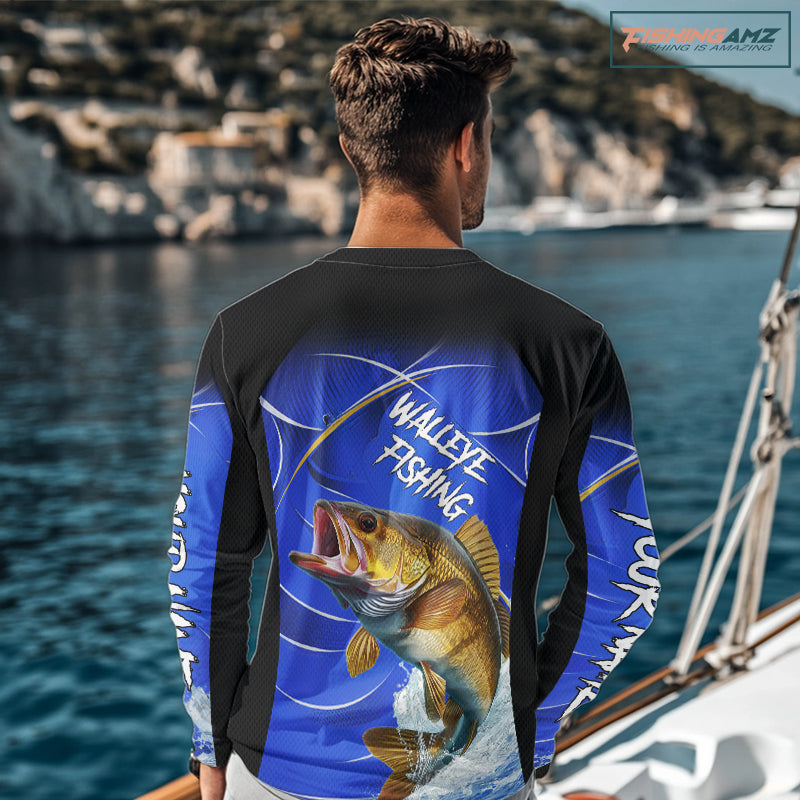 Personalized Walleye Long Sleeve Fishing Shirts UV Protection Tournament Jersey, Walleye Fishing Shirts NBT366