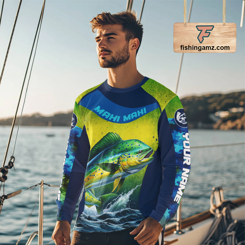 Custom Mahi Mahi Fishing Shirts For Team, Custom Saltwater Fishing Shirts|Blue NBT469