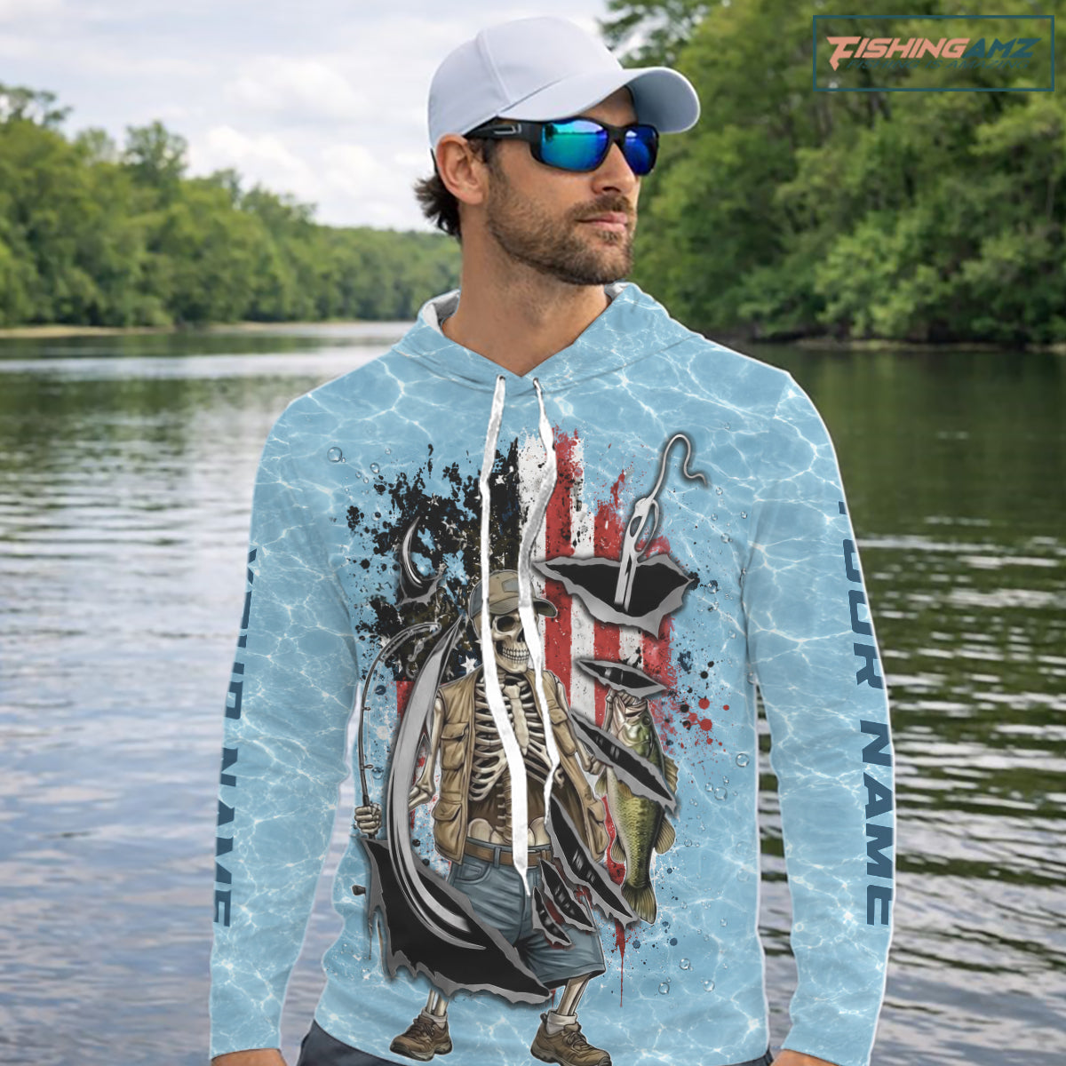 Custom Bass Fishing Long Sleeve Hooded American Flag Fish Reaper Fishing Shirts, Bass Fishing Jerseys NBT729