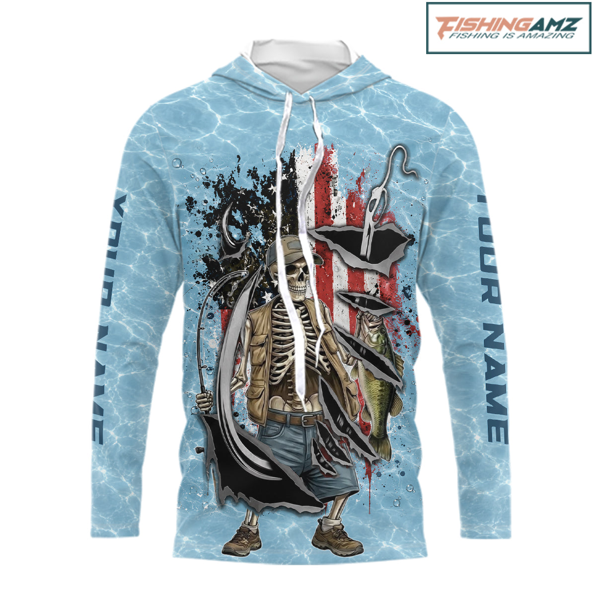 Custom Bass Fishing Long Sleeve Hooded American Flag Fish Reaper Fishing Shirts, Bass Fishing Jerseys NBT729
