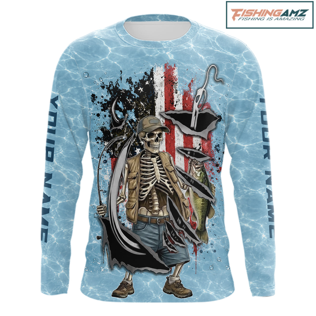Custom Bass Fishing Long Sleeve American Flag Fish Reaper Fishing Shirts, Bass Fishing Jerseys NBT729