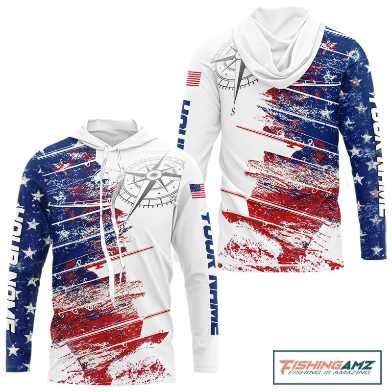 Personalized Patriotic Fishing Team Shirts, American Flag Long Sleeve Hooded Fishing Shirts NBT486