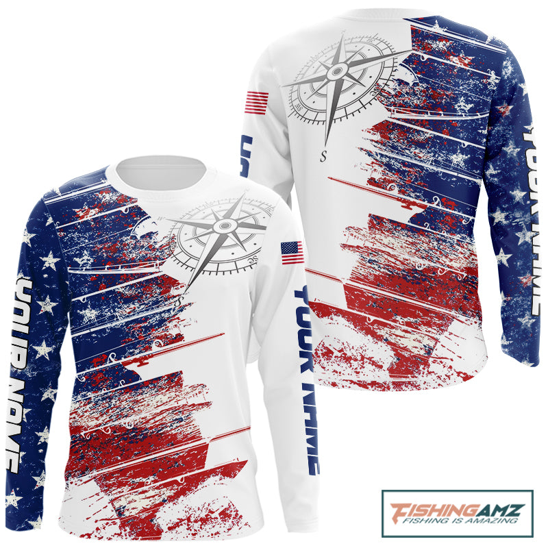 Personalized Patriotic Fishing Team Shirts, American Flag Long Sleeve Fishing Shirts NBT486