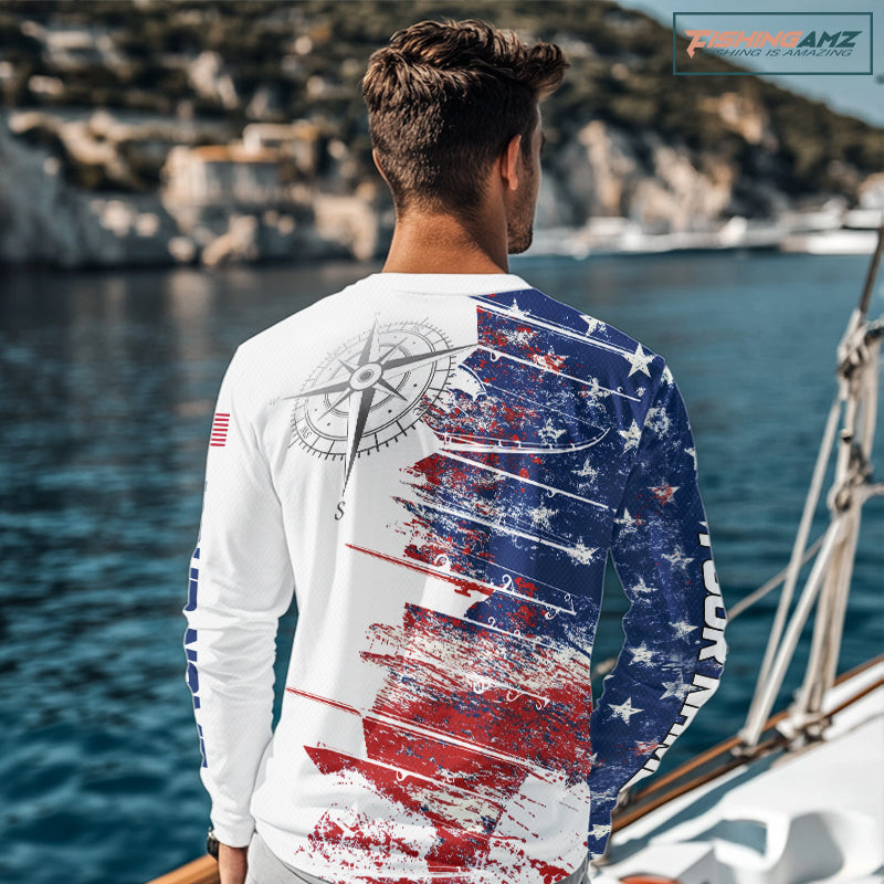 Personalized Patriotic Fishing Team Shirts, American Flag Long Sleeve Fishing Shirts NBT486