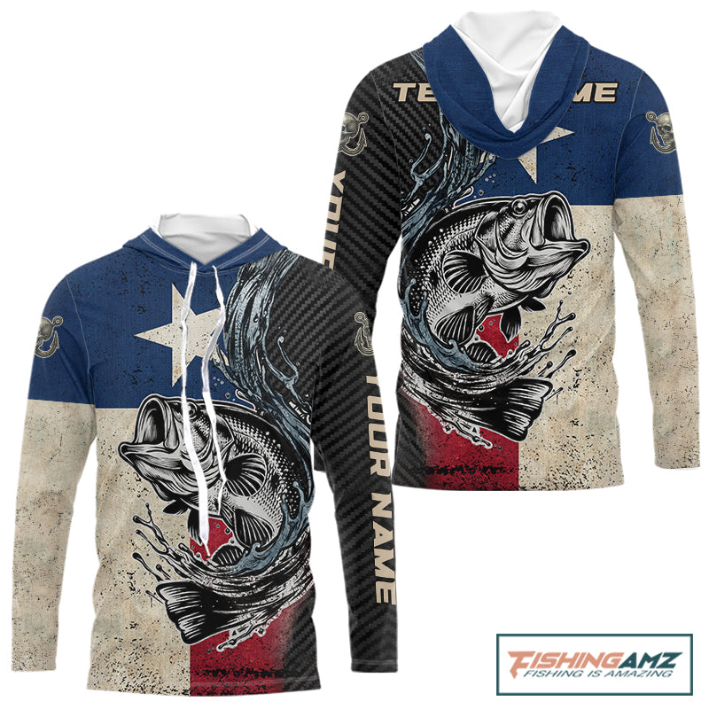 Front and back view of Texas Flag Bass Fishing Shirt custom long sleeve hooded UPF largemouth bass fishing shirt with personalized name