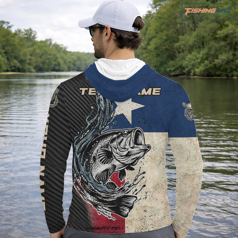Angler wearing Texas Flag Bass Fishing Shirt custom long sleeve hooded UPF on boat largemouth bass tournament fishing