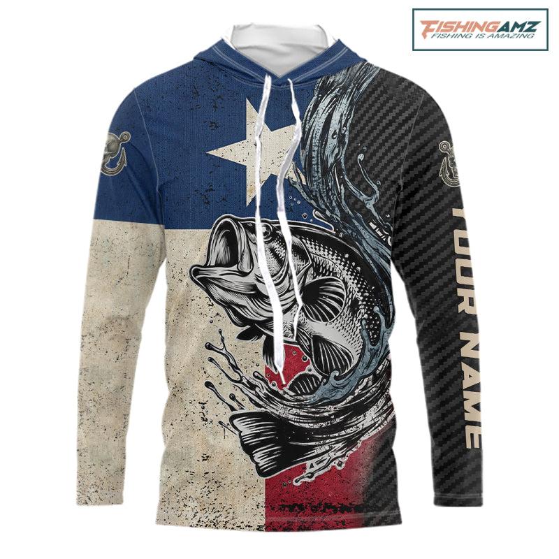 Front view of Texas Flag Bass Fishing Shirt custom long sleeve hooded UPF largemouth bass fishing shirt 