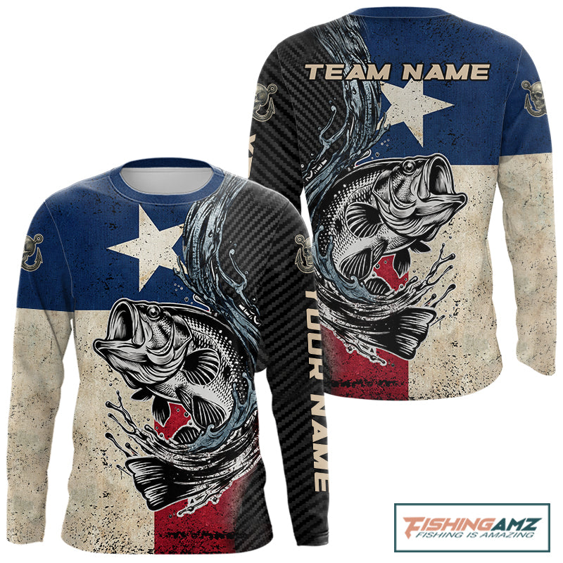 Front and back view of Texas Flag Bass Fishing Shirt custom long sleeve UPF largemouth bass fishing shirt