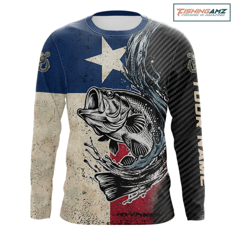 Front view of Texas Flag Bass Fishing Shirt custom long sleeve UPF largemouth bass fishing shirt