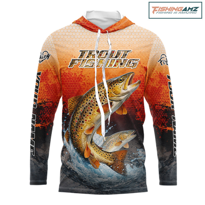 Brown Trout Long Sleeve Hooded Fishing Shirts Custom Name, Fishing Gifts Trout Fishing Shirts NBT380