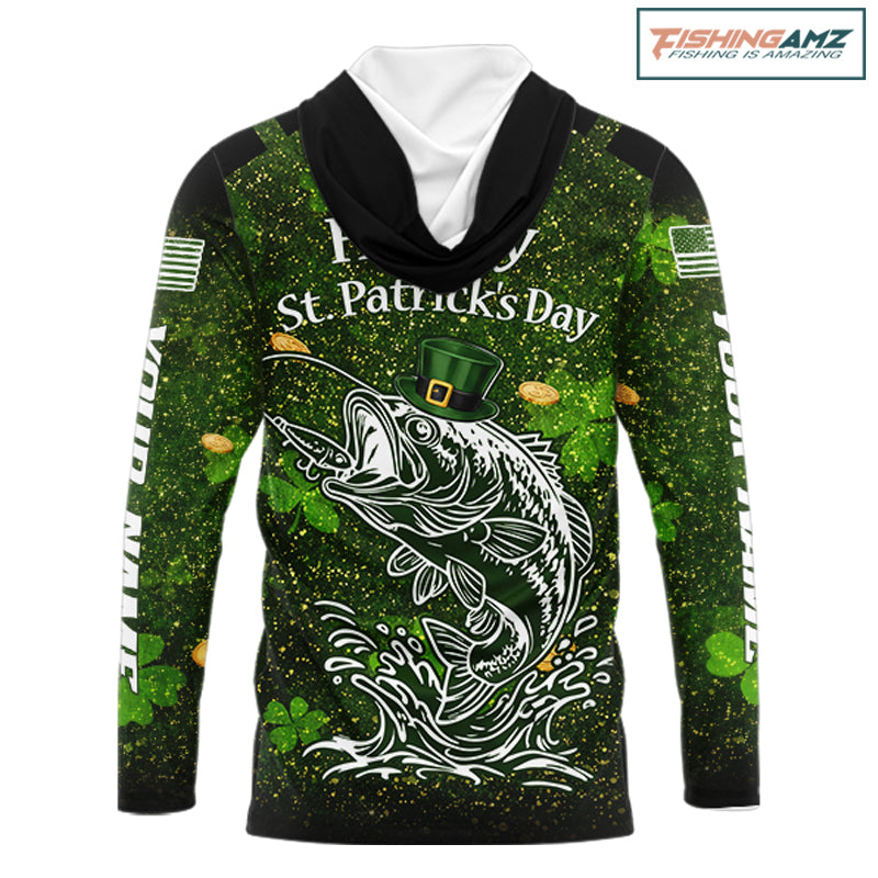 Custom St Patrick's Day American Flag Bass Long Sleeve Hooded Fishing Shirts, Patriotric Bass Fishing Jerseys NBT381